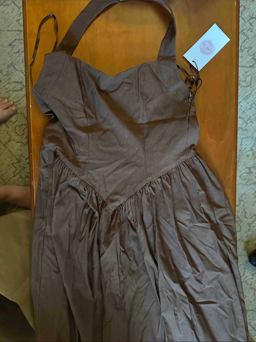 Backless Brown Halter Midi Dress with Gathered Skirt